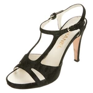 Chanel‎ Interlocking CC Logo T-Strap Sandals 36.5 Black 2013 Lagerfeld With Box